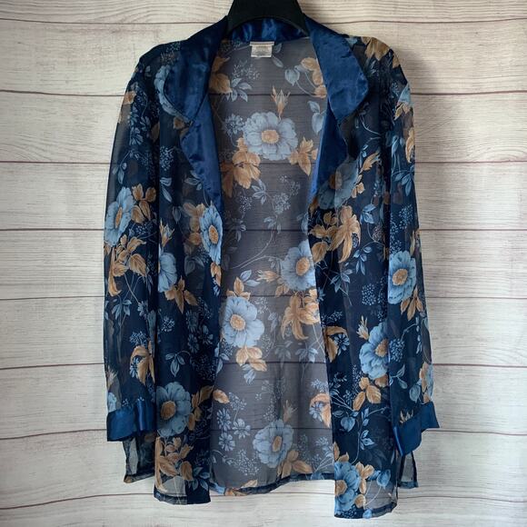Secret Treasures Blue Floral Sheer Pajama Top Button Up Front Satin Trim Size L - Picture 2 of 15